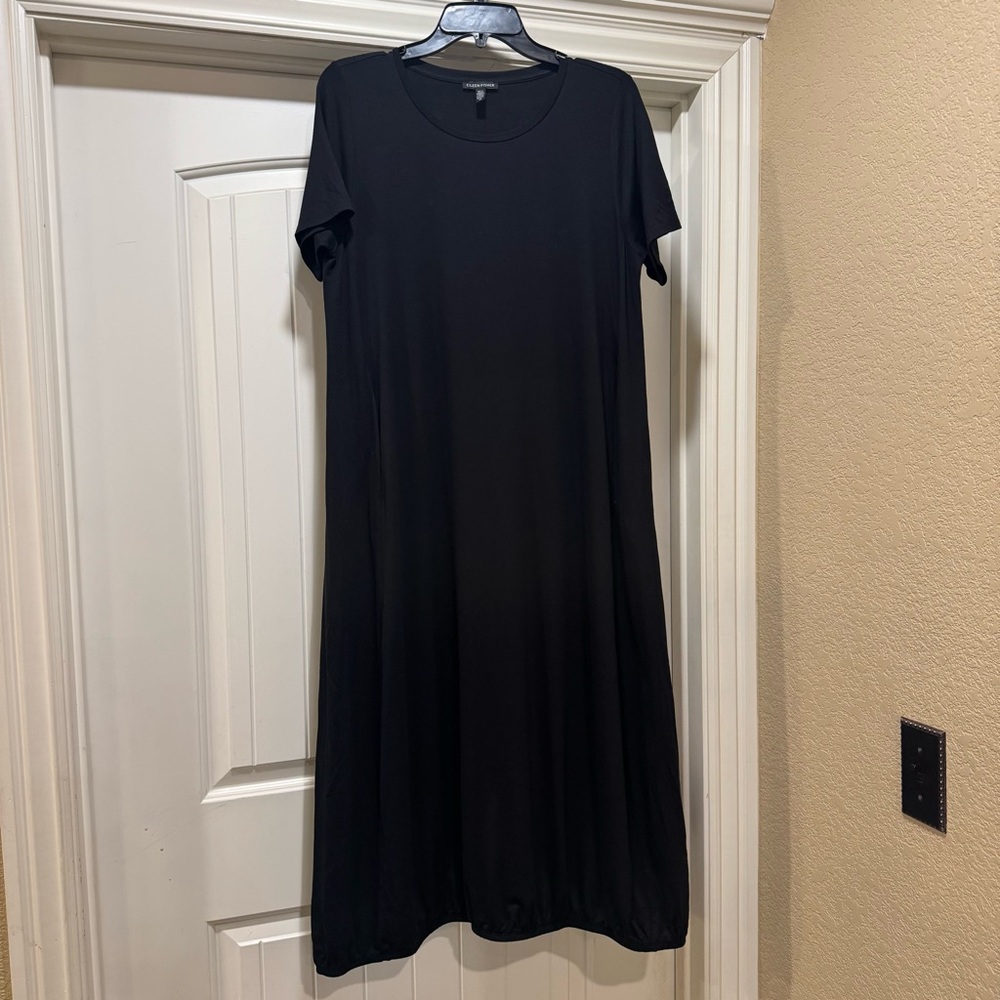Eileen Fisher women’s midi dress short sleeve elastic hem Black Dress tencel S